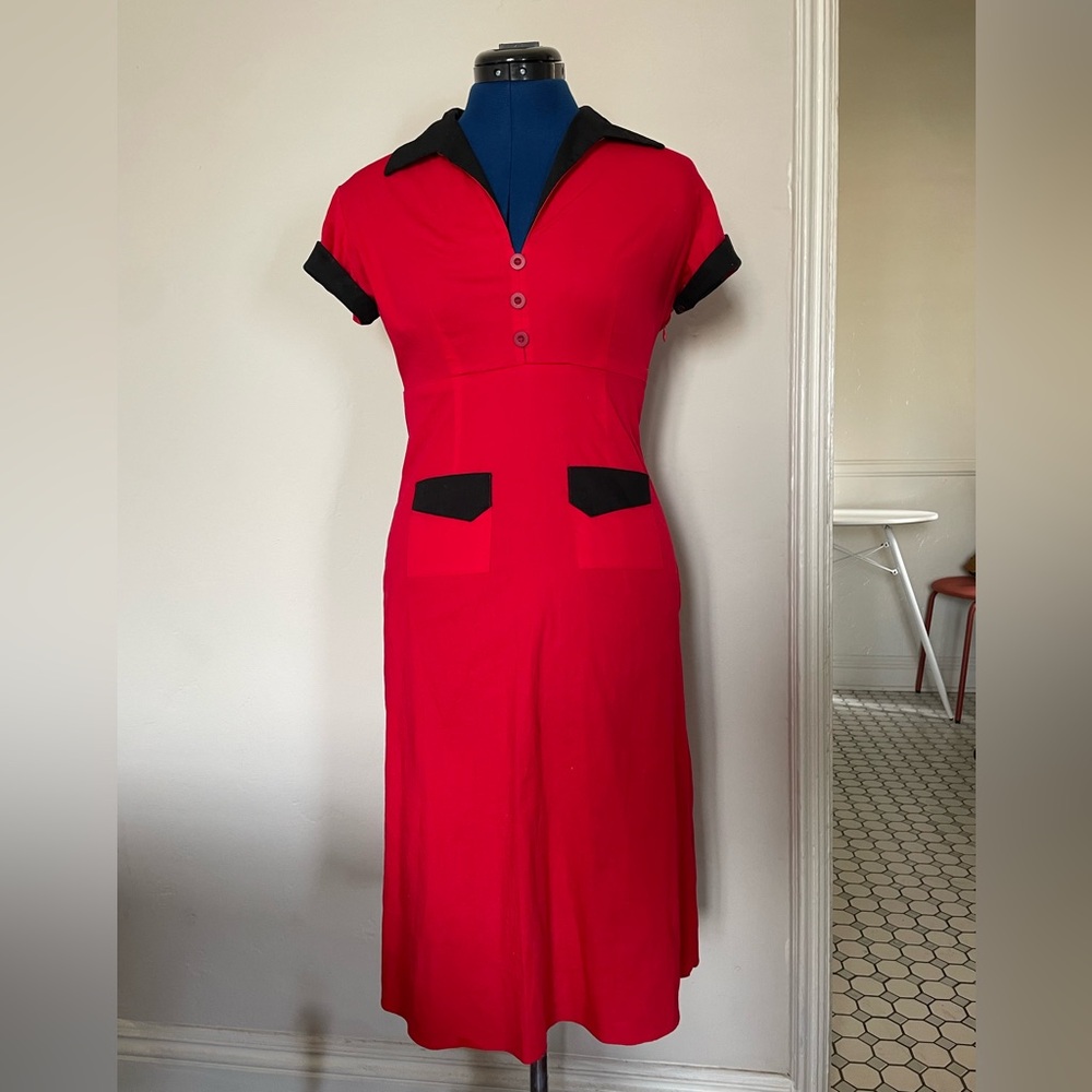 Vintage red dress with black collar & pockets by Dickies